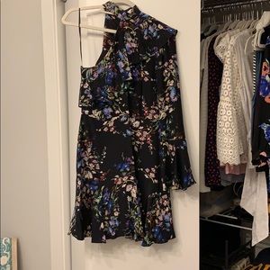 Women's Black Rodeo Floral One-shoulder Silk Dress